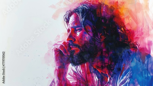 majestic watercolor depiction of Jesus Christ seated at the right hand of the Father, his reign symbolizing power and justice.