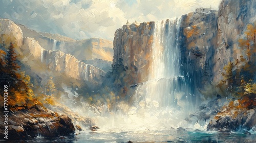 A majestic waterfall cascading down a rocky cliff, the power and movement depicted with dynamic oil strokes.