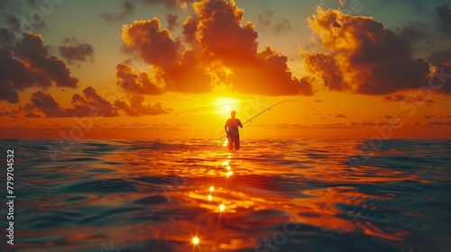 A man is fishing in the ocean at sunset. The sky is orange and the water is calm