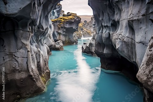 a serene turquoise river flowing through a dramatic, sculpted rocky canyon, showcasing nature's artwork over millennia