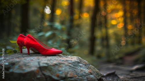 red stilletto shoes sitting on a rock