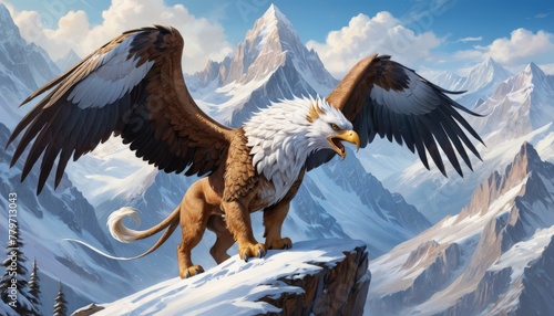A mythical griffon with a lion's body and eagle's wings stands proudly atop a snow-covered peak, embodying strength and freedom against a backdrop of towering mountains.. AI Generation