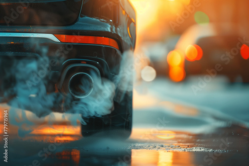 Close-up image of a car exhaust pipe with smoke.