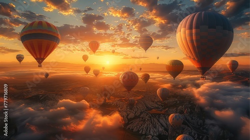 Sunset full of hot air balloons, landscapes and ultra-realistic objects. Generative AI.