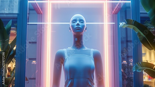 Mannequin placed in a niche with neon lighting. The mannequin is in a clothing store, Emphasize clean lines and modern aesthetics. Generative AI.