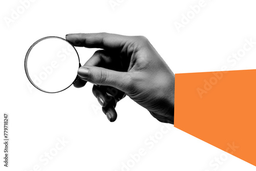 Trendy hand holding a magnifying glass, cutout hand halftone design element