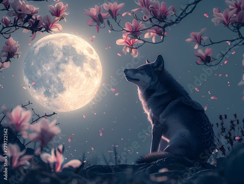 A Lone Wolf Under the Luminous Full Moon Surrounded by Blossoming Magnolia Branches in an Ethereal Forest Landscape