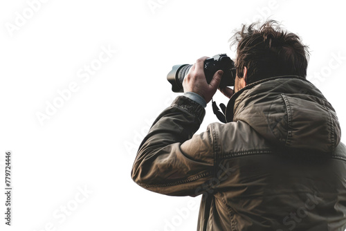 Capturing Moments: A Photographer in Action. White or PNG Transparent Background.