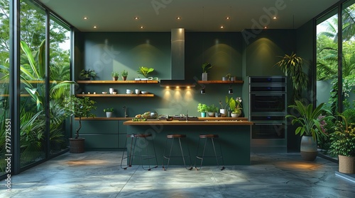 This kitchen is a true masterpiece of modern design, with dark green walls that complement the sleek lines and top-of-the-line appliances.