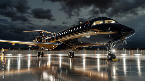 high-end luxury and expensive black and gold private jet at night, billionaire lifestyle