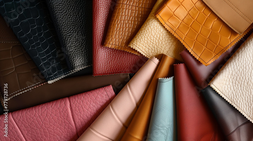 Luxury Synthetic Leather Samples Fabric Swatches Various Colors and Textures, Top View