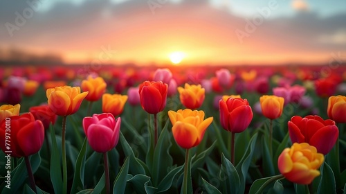 A vast tulip field, showcasing rows of tulips in various colors. AI generate illustration