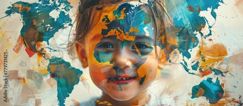 A toddler with a map of the world painted on her face smiles at a happy event. This photomontage blends art, fiction, and fun in visual arts
