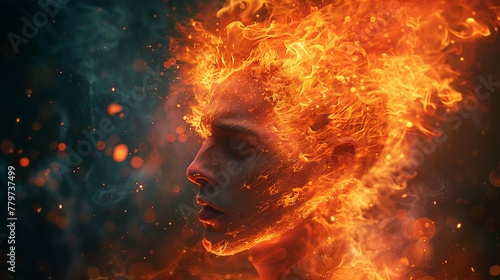 Conceptual image of a person with head exploding in flames, representing anger, stress.