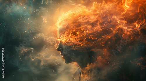 Conceptual image of a person with head exploding in flames, representing anger, stress.