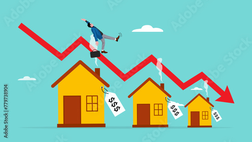 housing prices fall, decline in real estate and property prices, property investment losses, businessman fell from a red graph running down the roof of the house concept illustration