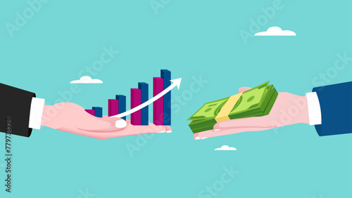 business Acquisition with promising future, business takeover concept, franchise or company buyout, businessman hand giving wad of banknotes to receive well growing bar graph from another hand