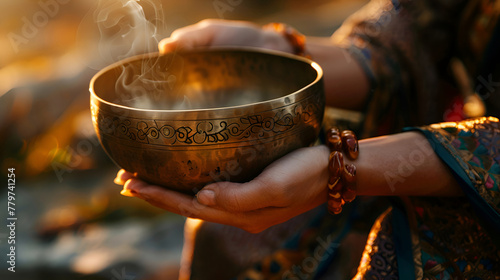 Female hands cradle a Tibetan singing bowl