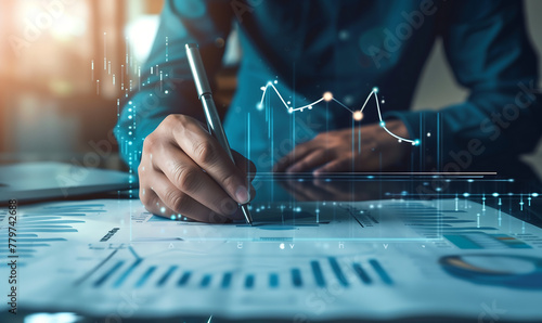 Businessman drawing a growth graph and analyzing financial and investment data