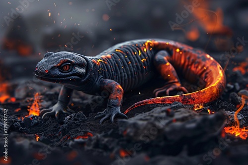 Lizard perched on rock beside a flickering fire, basking in the warmth