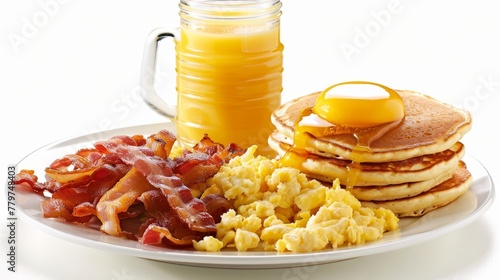 Delicious American breakfast with pancakes, bacon, eggs, and orange juice