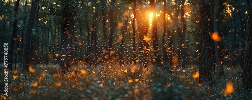 Countless insects swirl in the warm air of a forest at sunset, captured in a dramatic image against a backdrop of golden light.