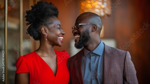 Elegant interracial couple in stylish attire sharing a moment