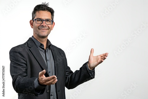 Smart Businessman with Open Hands Presenting Ideas