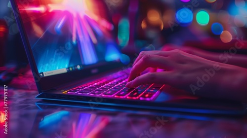 Neon Glow Laptop Usage Close-up. Close-up of a person's hands typing on a laptop keyboard with a neon glow and blurred colorful background.