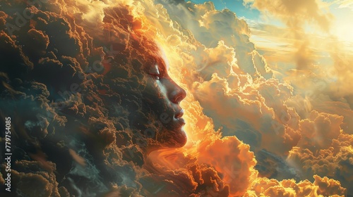 Abstract skyward vision: Surrealist depiction of a head rising into the sky, merging with clouds to represent the boundless nature of human imagination.