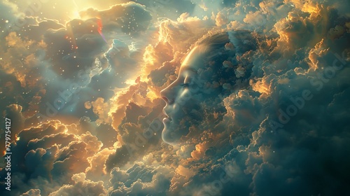 Celestial reverie: Surreal concept art featuring a head surrounded by a halo of clouds, suggesting a connection between earthly thoughts and cosmic realms.