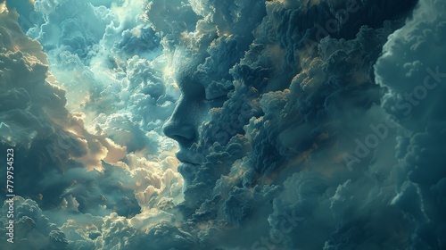 Fantasy dreamland: Surreal concept art of a head floating amidst fantastical clouds, conveying the idea of escaping into a world of imagination.