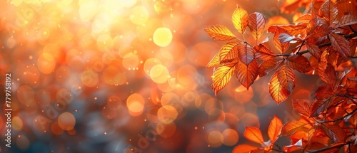 Decorative autumn banner decorated with leaves of golden yellow maple on an autumnal backdrop of orange foliage and glowing bokeh, room for your text.