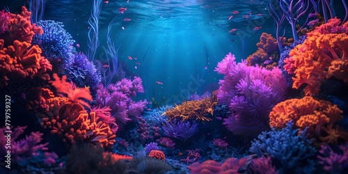 Vibrant Neon Coral Reef Underwater Seascape with Glowing Aquatic Life and Serene Atmosphere