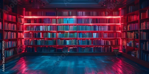 Neon Illuminated Futuristic Bookshelf A Convergence of Literature and Modern Art