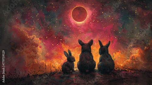 Bears and rabbits observing a radiant solar eclipse, watercolor, eye level, hot pinks and oranges, on a glowing backdrop