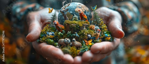 Concept depicting animals on Earth Day, World Animal Day, or Wildlife Day. Elephants, tigers, deer, birds in human hands.