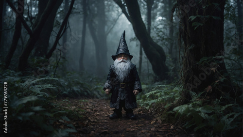 In a dimly lit forest clearing, a glamorous gothic gnome emerges from the shadows.