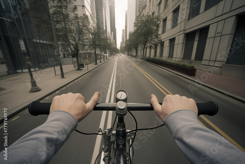 First-person view of a cyclist riding down the street of the city