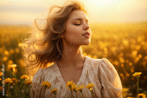eine Frau mit geschlossenen Augen im Blumenfeld, goldenes Licht, a woman with closed eyes in flower field, golden light 