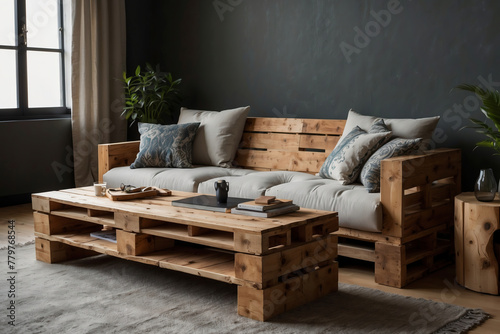 Palettenmöbel-Set im modernen Wohnzimmer mit stilvollen Kissen und dezenter Zimmerpflanze