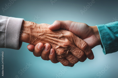 Young hand and old hand shaking, helping and caring for the elderly, assistance for senior, solidarity for aging person, family support