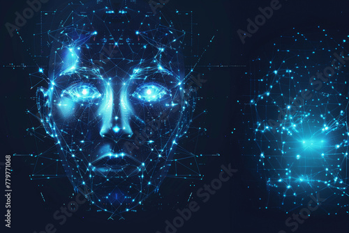 Rete 3d che forma un volto umano in un poster digitale ad alta fedeltà, che rappresenta una tecnologia ai avanzata, sfondo nero