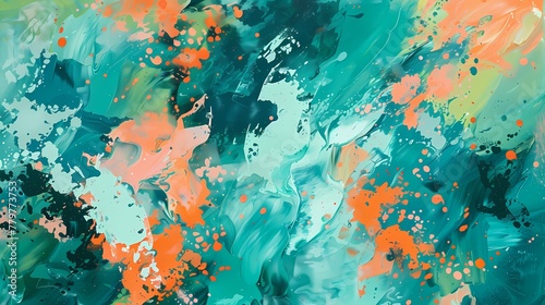 Teal green and coral orange collide in a tropical-inspired abstract artwork, evoking the spirit of a lively underwater world.