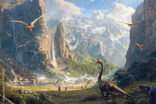 Prehistoric scene with dinosaurs in a lush valley with soaring mountains and birds in the sky