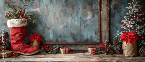 A Santa boot, a bag, and gifts in a wooden wall background with a vintage shabby photo frame and a Christmas banner...