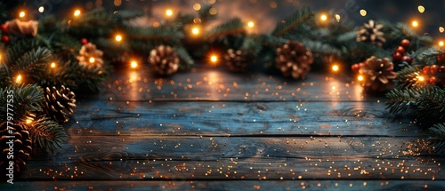 A Christmas banner with glowing lights and sparkle garland on wooden planks