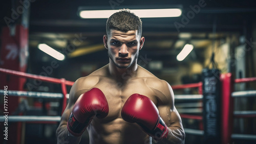 Portrait of boxer in the ring wearing gloves, boxer ready for fight 