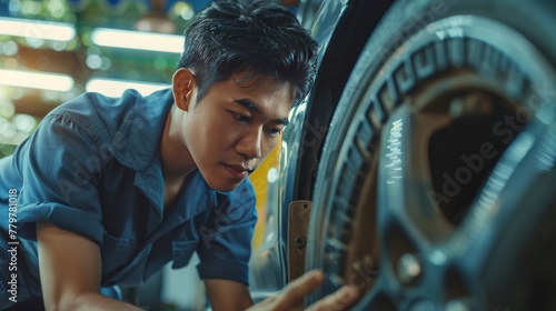 Portrait of a young Asian male mechanic changing car tire, fixing car engine.