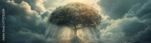 Surreal landscape of a brain-tree growing under a cloud, watered by knowledge, evoking growth and potential